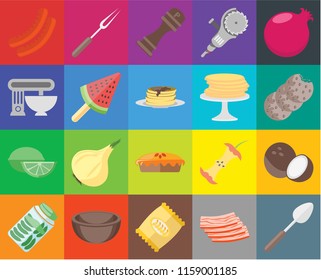 Set Of 20 icons such as Spoon, Bacon, Chips, Bowl, Pickles, Pomegranate, Coconut, Pie, Lime, Ice cream, Pancakes, Sausage, Cookies, Pepper, transparency icon pack, pixel perfect