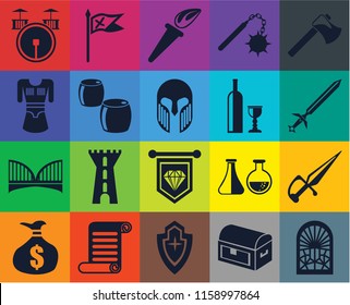 Set Of 20 icons such as Stained glass window, Chest, Shield, Scroll, Money bag, Axe, Dagger, Standard, Bridge, Beer, Wine, Drum, Sword, Torch, transparency icon pack, pixel perfect