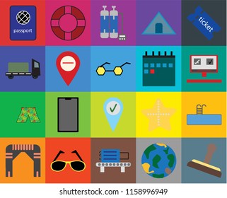 Set Of 20 icons such as Stamp, Globe, Check out, Sunglasses, Arch, Tickets, Swimming pool, in, Swimsuit, Map, Calendar, Passport, Booking, Oxygen tank, transparency icon pack, pixel perfect
