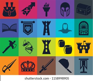 Set Of 20 icons such as Standard, Hat, Sword, Crown, Dagger, Chest, Castle, Tower, Axe, Coif, Belt pouch, Stained glass window, Torch, transparency icon pack, pixel perfect