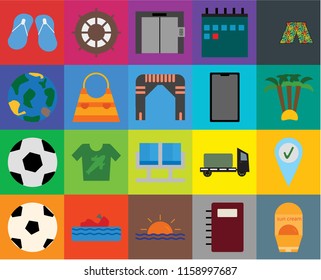 Set Of 20 icons such as Sun protection, Notebook, Sunset, Water craft, Ball, Swimsuit, Check in, Waiting room, Bag, Phone, Flip flops, Palm tree, Elevator, transparency icon pack, pixel perfect