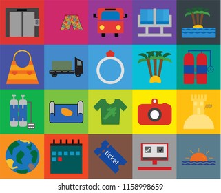 Set Of 20 icons such as Sunset, Booking, Tickets, Calendar, Globe, Island, Sand castle, Shirt, Oxygen tank, Trailer, Palm tree, Elevator, Aqualung, Bus, transparency icon pack, pixel perfect