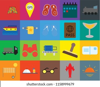 Set Of 20 icons such as Sunset, Cocktail, Railway, Calendar, Beach volleyball, Gps, Stamp, Cruise, transparency icon pack, pixel perfect