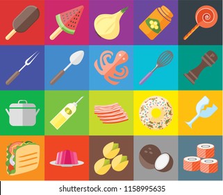 Set Of 20 icons such as Sushi, Coconut, Pistachio, Jelly, Taco, Jawbreaker, Glass, Bacon, Pot, Spoon, Whisk, Ice cream, Pepper, Onion, transparency icon pack, pixel perfect