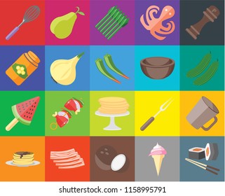 Set Of 20 icons such as Sushi, Ice cream, Coconut, Bacon, Pancakes, Pepper, Mug, Onion, Bowl, Whisk, Cucumber, Asparagus, transparency icon pack, pixel perfect