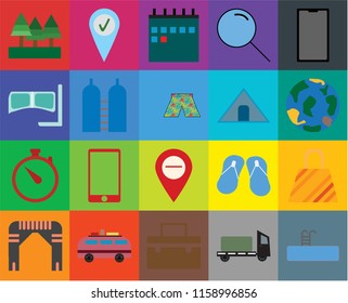 Set Of 20 icons such as Swimming pool, Trailer, Suitcase, Minivan, Arch, Phone, Bag, Map, Time, Oxygen, Tent, Forest, Globe, Calendar, transparency icon pack, pixel perfect