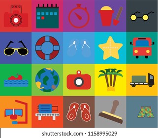 Set Of 20 icons such as Swimsuit, Stamp, Flip flops, Check out, Snorkel, Sunglasses, Trailer, Camera, Water craft, Lifebuoy, Starfish, Photography, Bus, Time, transparency icon pack, pixel perfect