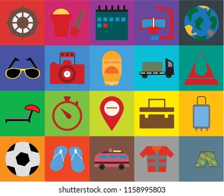 Set Of 20 icons such as Swimsuit, Lifejacket, Minivan, Flip flops, Ball, Globe, Suitcases, Map, Sunbed, Photography, Trailer, Helm, Purse, Calendar, transparency icon pack, pixel perfect