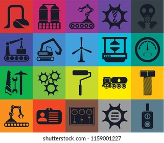 Set Of 20 icons such as Switch, Options, Control panel, Id card, Conveyor, Gas mask, Bolt, Roller, Tools, Digger, Machine press, Vacuum, Gauge, transparency icon pack, pixel perfect