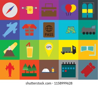 Set Of 20 icons such as Tickets, Calendar, Room service, Forest, Airplane, Aqualung, Snorkel, Gps, Mountains, Lifejacket, Swimsuit, Compass, Railway, Suitcase, transparency icon pack, pixel perfect