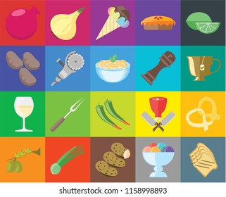 Set Of 20 icons such as Toast, Ice cream, Potatoes, Chives, Olives, Lime, Pretzel, Pepper, Glass, Grinder, Pomegranate, Tea, transparency icon pack, pixel perfect