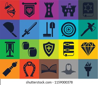 Set Of 20 icons such as Torch, Coif, Bridge, Horseshoe, Bladder pipe, Spellbook, Jewelry, Shield, Standard, Sword, Archery, Crossbow, Axe, Tower, transparency icon pack, pixel perfect