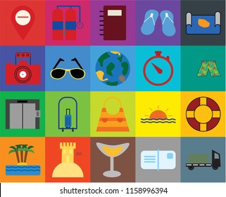 Set Of 20 icons such as Trailer, Postcards, Cocktail, Sand castle, Island, Map, Lifebuoy, Bag, Elevator, Sunglasses, Time, Swimsuit, Notebook, transparency icon pack, pixel perfect