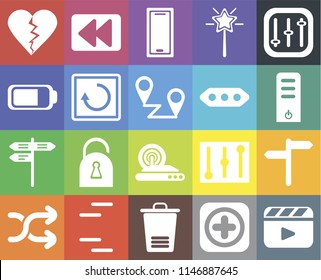 Set Of 20 icons such as Video player, Add, Trash, Lines, Shuffle, Controls, , Wireless internet, Street, Restart, More, Dislike, Server, Smartphone, web UI editable icon pack, pixel perfect