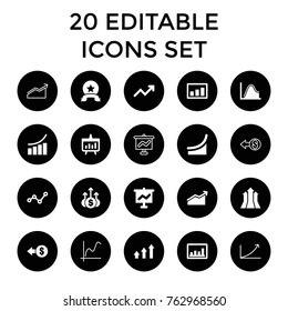 Set of 20 increase filled and outline icons such as graph, coin, graph on board, chart, arrows up, medal