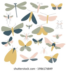 Set of 20 insects neutral colors. Set of stickers. Perfect for wallpapers, gift paper, greeting cards, fabrics, textiles, web designs. All objects are separated. Vector illustration. Hand drawn.