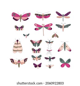 Set of 20 insects neutral colors. Set of stickers. Perfect for wallpapers, gift paper, greeting cards, fabrics, textiles, web designs. All objects are separated. Vector illustration. Hand drawn.