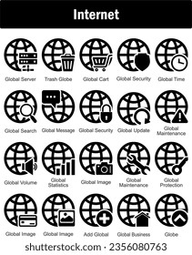 A set of 20 Internet icons as global server, trash globe, global cart