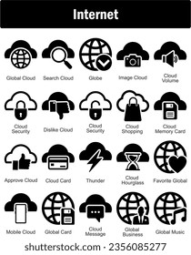 Un conjunto de 20 íconos de Internet como nube global, nube de búsqueda, globo