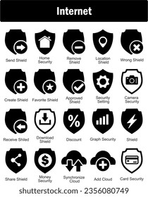 Un conjunto de 20 íconos de Internet como escudo de envío, seguridad doméstica, quitar el escudo