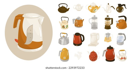 Set of 20 kettles, teapots and coffee pots. A device for boiling water and keeping beverages warm. Vector illustration. Isolated object on white background.