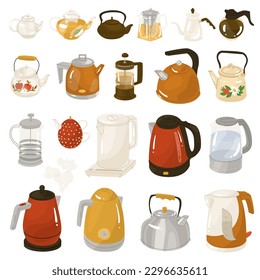 Set mit 20 Wasserkocher, Teekocher und Kaffeeköpfen. Ein Gerät zum Kochen von Wasser und zum Warmhalten von Getränken. Vektorgrafik. Einziger Gegenstand auf weißem Hintergrund.