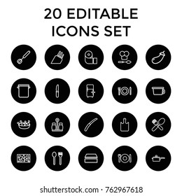 Set of 20 kitchen outline icons such as eggplant, plate fork and spoon, sponge, paper towel, clean fridge, fork and spoon, pot, chicken leg, knife, gardening knife, pepper