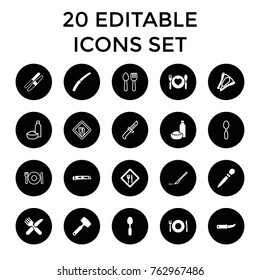 Set of 20 knife filled and outline icons such as plate fork and spoon, nail sawing, sawing, spoon, cutter, stapler, restaurant