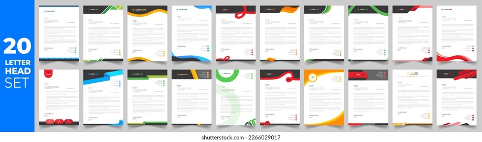 set of 20 Letterhead Bundle mega collection, Letterhead template set,  Corporate business letter head design template set with unique shape. business letterhead bundle.