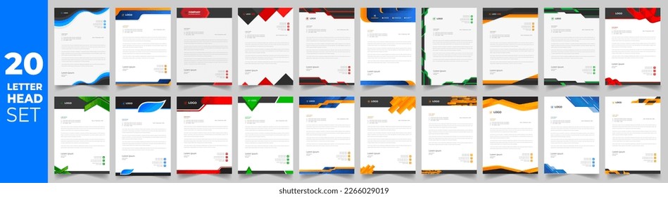 set of 20 Letterhead Bundle mega collection, Letterhead template set,  Corporate business letter head design template set with unique shape. business letterhead bundle.