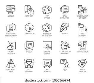 Set of 20 line icons isolated on business theme.. Marketing, commerce and high customer service symbols. Graphic contour logo or button for websites and mobile applications. Vector labels