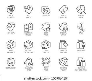 Set of 20 line icons for online or offline stores, shopping, booking sites and mobile apps. Graphic contour logo for offers, commerce, black friday sale and other design needs. Vector isolated