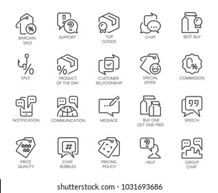 Set of 20 line icons for online or offline stores, shopping, booking sites and mobile apps, comments or message chat bubbles, support and other symbols. Graphic contour logo isolated