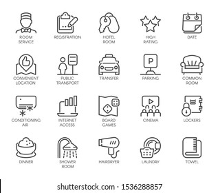 Set of 20 line icons of room service. Contour labels for hotel inn, hostels, apartment, condominium booking sites and apps. Pictograms isolated. Vector outline illustration