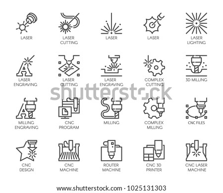 Set of 20 line icons in series of laser cutting. Computer numerical controlled printer, 3D milling machine and other thematic symbols. Stroke mono contour pictograms isolated. Vector outline labels