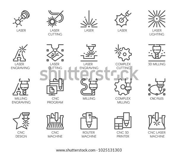 一連のレーザー切断で個の線のアイコンのセット コンピュータ数値制御プリンタ 3dミリングマシン およびその他の主題記号 線モノラル輪郭の絵文字 ベクター画像のアウトラインラベル のベクター画像素材 ロイヤリティフリー