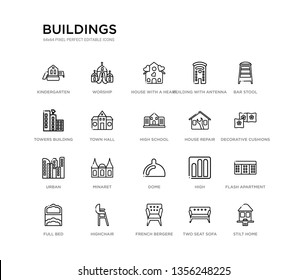 set of 20 line icons such as dome, minaret, urban, house repair, high school, town hall, towers building transmission, building with antenna, house with a heart, worship. buildings outline thin
