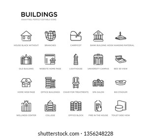 set of 20 line icons such as chair for treatments, office buildings, home web page, university campus, lighthouse, website home page, old building, bank building, carrycot, branches. buildings