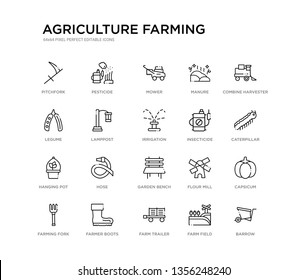 set of 20 line icons such as garden bench, hose, hanging pot, insecticide, irrigation, lamppost, legume, manure, mower, pesticide. agriculture farming outline thin icons collection. editable 64x64