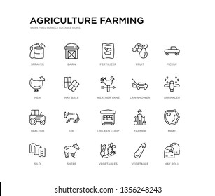 set of 20 line icons such as chicken coop, ox, tractor, lawnmower, weather vane, hay bale, hen, fruit, fertilizer, barn. agriculture farming outline thin icons collection. editable 64x64 stroke