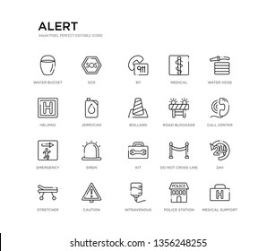 set of 20 line icons such as kit, siren, emergency, road blockade, bollard, jerrycan, helipad, medical, 911, sos. alert outline thin icons collection. editable 64x64 stroke