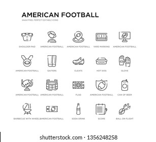 set of 20 line icons such as flag, american football stadium, american football goal, hot dog, cleats, gaiters, american football medal, yard marking, placeholder, trophey. outline thin icons