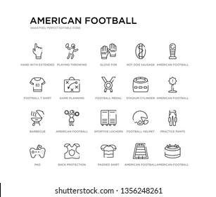 set of 20 line icons such as sportive lockers, american football cheerleader jump, barbecue, stadium cylinder, football medal, game planning, football t shirt with number 83, hot dog sausage in