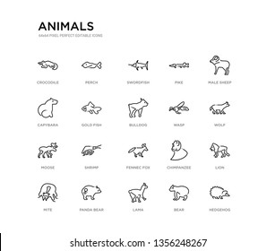 set of 20 line icons such as fennec fox, shrimp, moose, wasp, bulldog, gold fish, capybara, pike, swordfish, perch. animals outline thin icons collection. editable 64x64 stroke