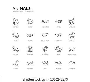 set of 20 line icons such as flamingo, hamster, otter, panther, polar bear, prawn, rat, panda, alligator, puppy. animals outline thin icons collection. editable 64x64 stroke