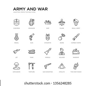 set of 20 line icons such as missile, tank, jet, bomb, dynamite, gun, medal, plane, ship, granade. army and war outline thin icons collection. editable 64x64 stroke