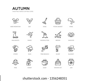 set of 20 line icons such as tree branch, rain, storm, broom, woodcutter, windy, rain boots, picnic basket, rake, bat. autumn outline thin icons collection. editable 64x64 stroke