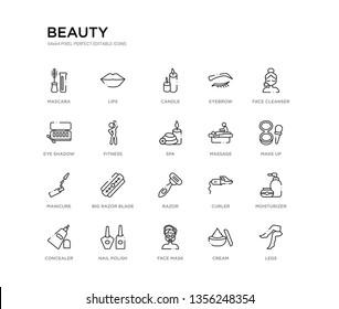 set of 20 line icons such as razor, big razor blade, manicure, massage, spa, fitness, eye shadow, eyebrow, candle, lips. beauty outline thin icons collection. editable 64x64 stroke