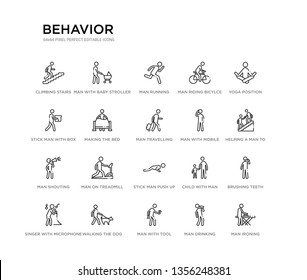 set of 20 line icons such as stick man push up, man on treadmill, man shouting, with mobile phone, travelling, making the bed, stick with box, riding bicylce, running, with baby stroller. behavior