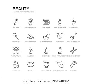set of 20 line icons such as one candle, nail brush, two flip flops, feet cream, bath salts bomb, vintage razor, hairbrush, aplicator bottle, men cream, shaving brush. beauty outline thin icons